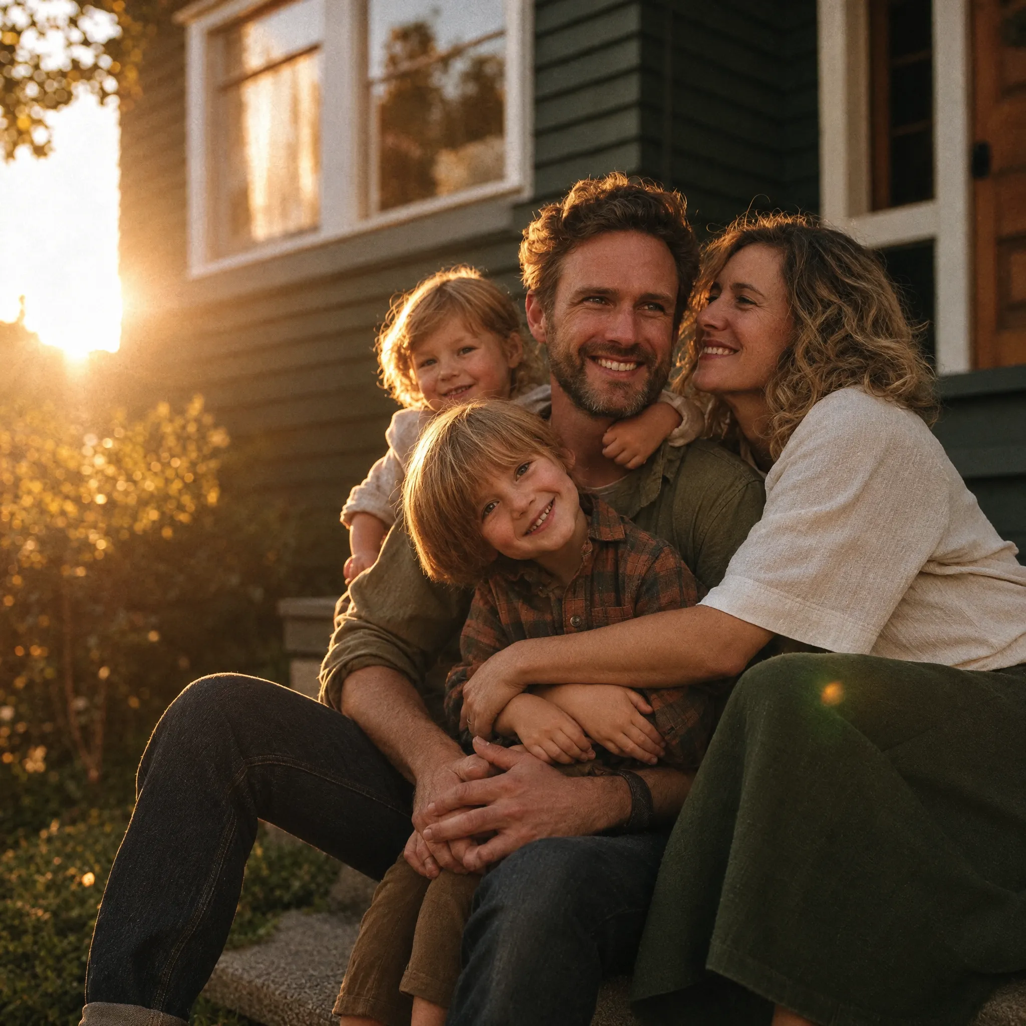 A family of four laughing together on their porch at golden hour