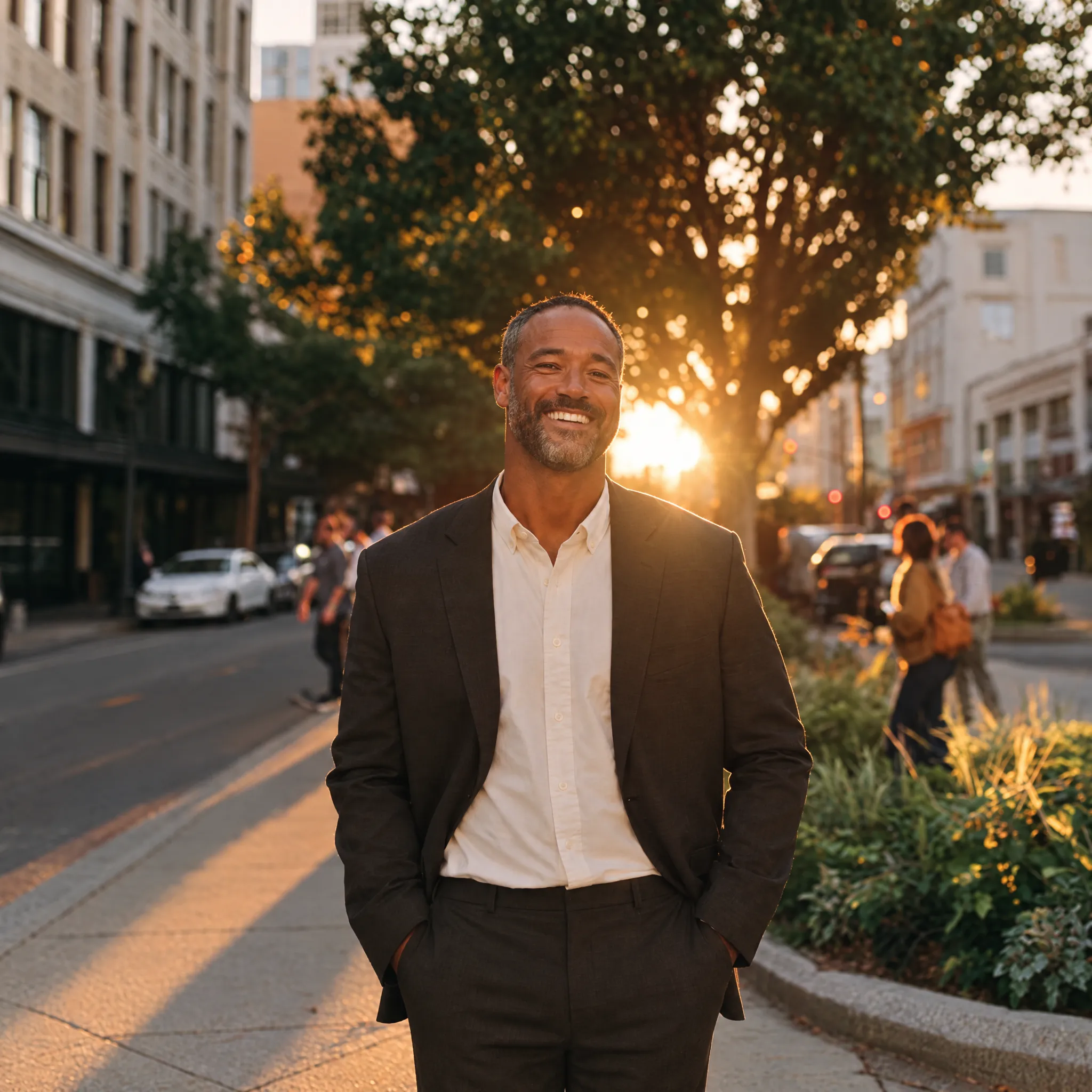 A loan officer smiling on a city street at golden hour