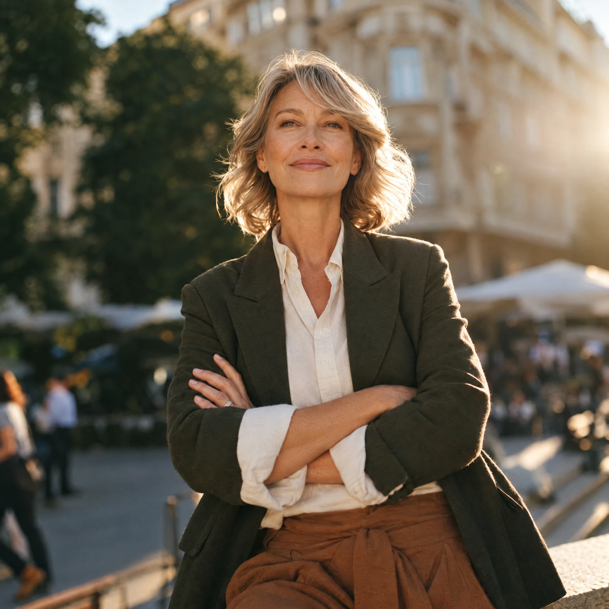 A business owner with her arms folded on a city street at golden hour