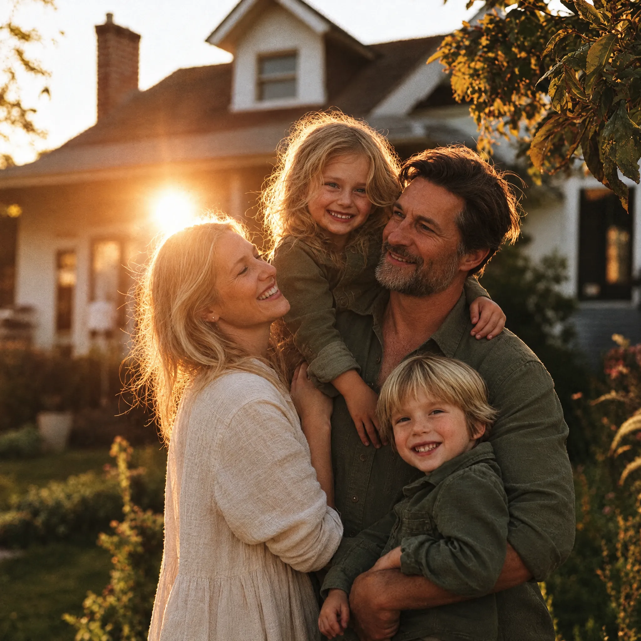 A family of four laughing together in front of their home at sunset.