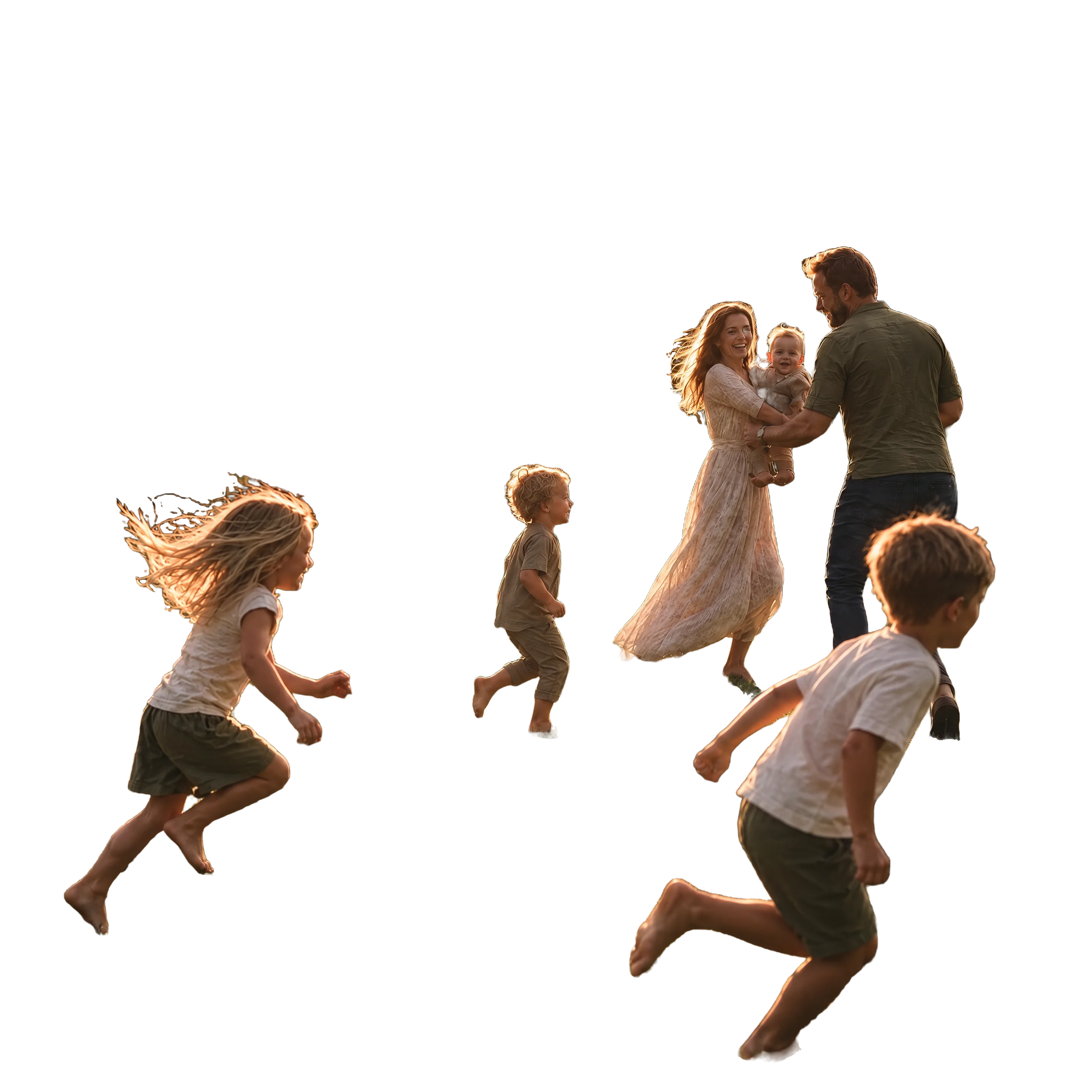 A family playing on the lawn at golden hour