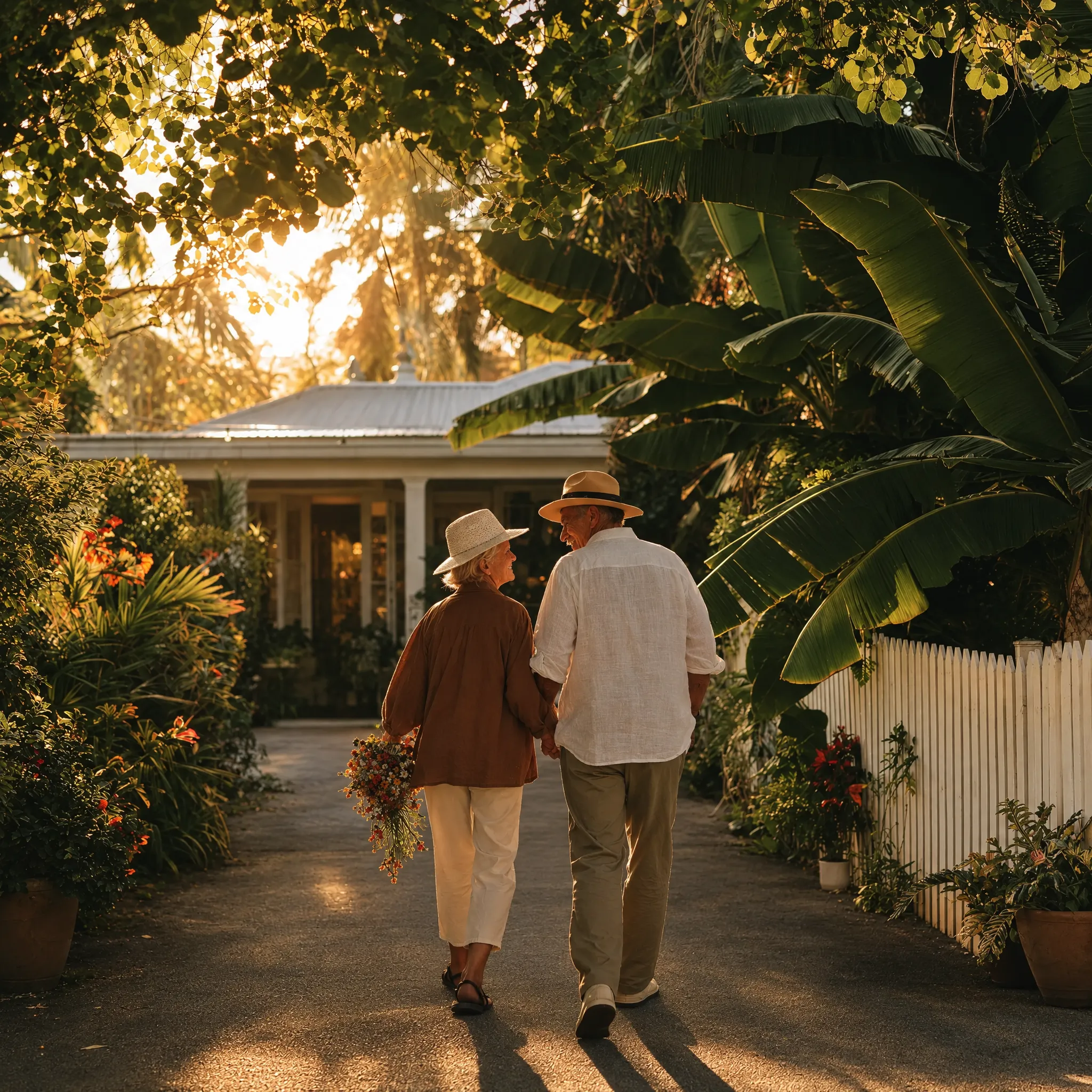 A couple walking up the path to their home at sunset.