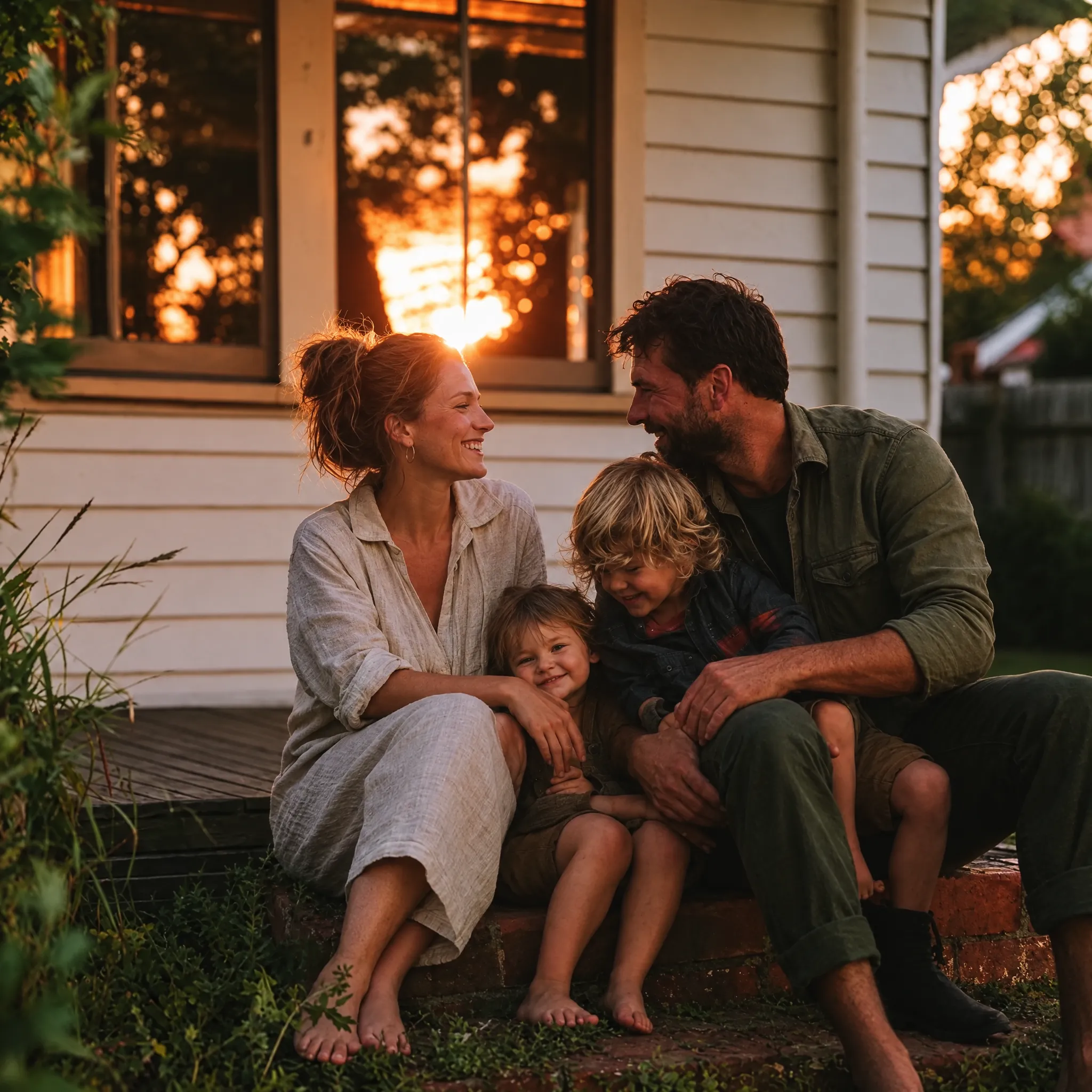 A family sitting together on the porch of their home at sunset.