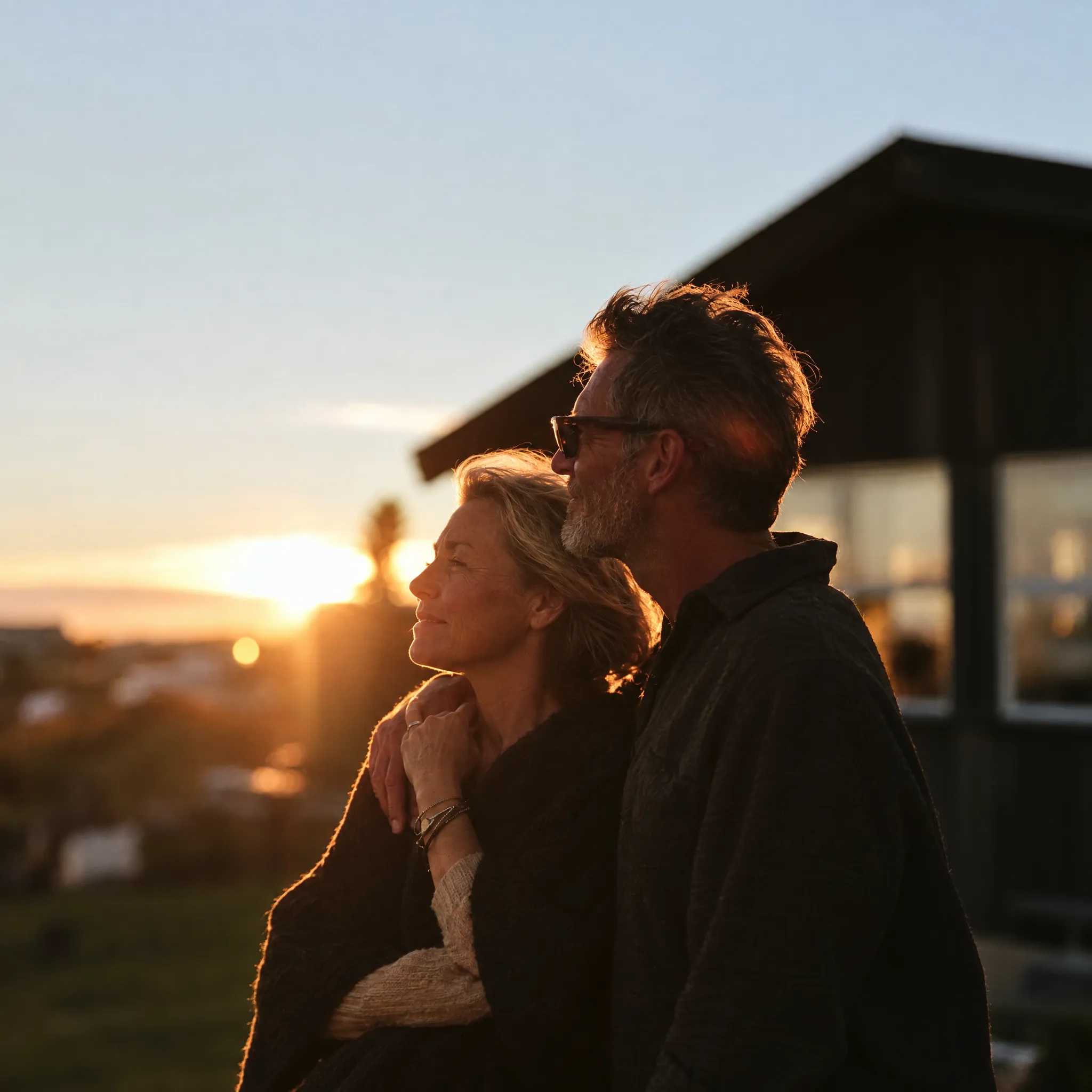 A couple looking out from a modern house at sunset.